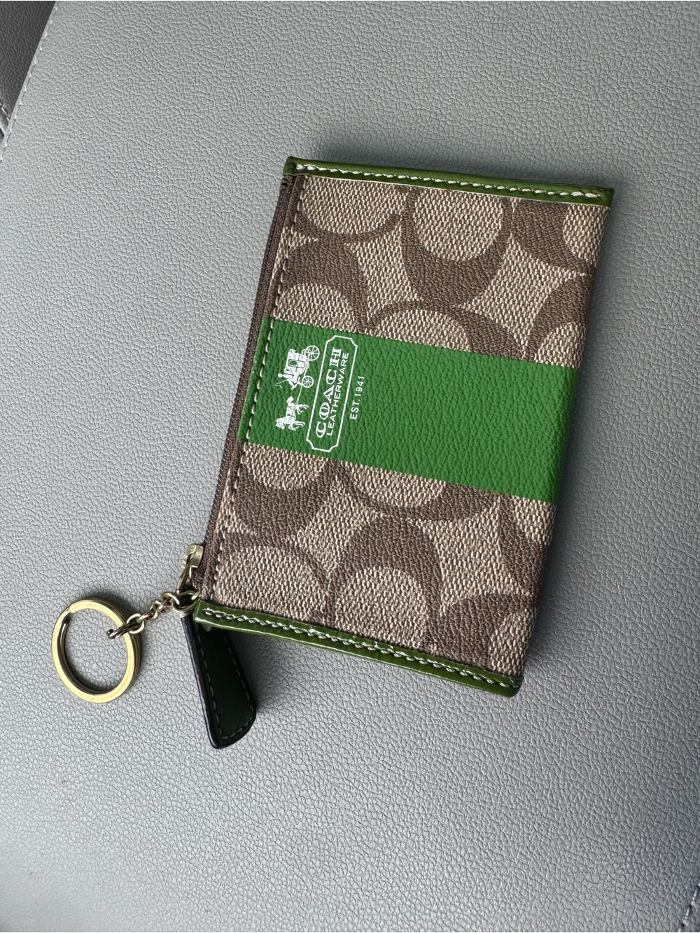 Coach Brown Signature Canvas Card Case with Green Stripe